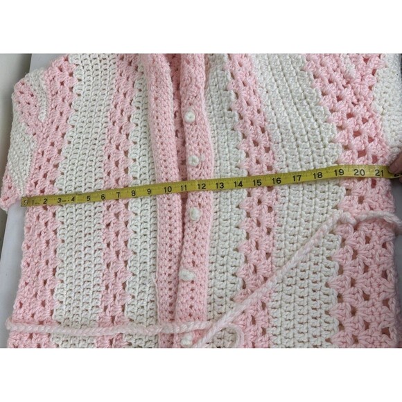 Vtg Hand Crochet Cardigan Sweater Size Lg Duster Pockets Pink White Cottagecore - Picture 10 of 12